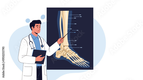 Male doctor in a white lab coat using a pointer to explain the bone structure on a large medical X-ray of a human leg and foot to a patient.