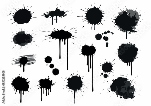 A collection of black ink splatters and drips, perfect for graphic design elements and artistic backgrounds