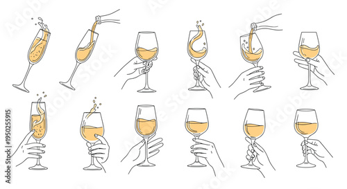 Series of hand sketches holding elegant wine and champagne glasses during pouring, swirling, and tasting for sophisticated beverage themes.