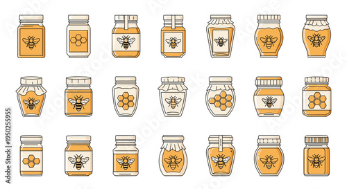 Assortment of honey jars in different shapes and sizes decorated with bee and honeycomb labels for retail or pantry storage concepts.