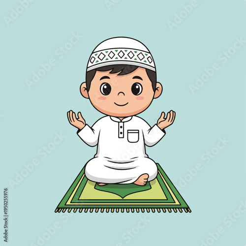 Cartoon Muslim boy sitting on prayer mat with hands raised