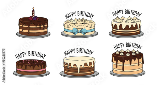 Selection of delicious birthday cakes with chocolate and cream layers topped with frosting and a candle for festive celebration designs.