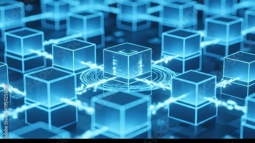Abstract glowing blue cubes connected in a network grid.