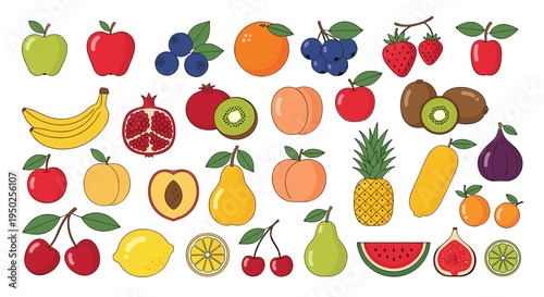 Colorful collection of diverse fruits and berries including apples, bananas, grapes, oranges, strawberries, and pineapples for healthy eating themes.