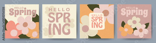 Spring floral poster set. Simple flowers and soft pastel colors card collection. Seasonal illustration, perfect for headers, posters, social media and spring promotions