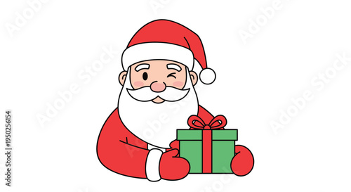 Cheerful illustration of a winking Santa Claus holding a green gift box with a red ribbon against a clean white background for Christmas.