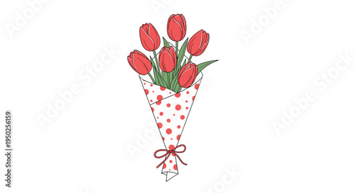 Beautiful bouquet of red tulips with green leaves wrapped in white polka-dot paper and tied with a red string bow for special occasions.