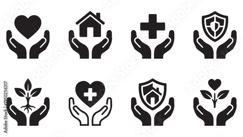 Set of hand icons holding symbols of care, protection, and growth, black and white vector illustrations for charity and insurance