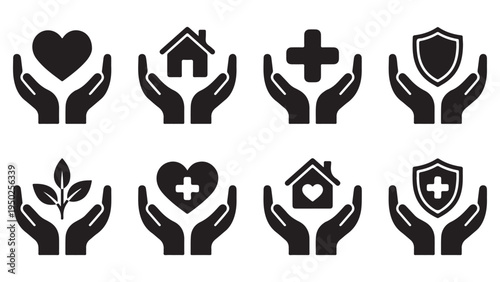 Collection of minimalist hand icons with symbols for healthcare, insurance, and environmental protection, black and white vector art