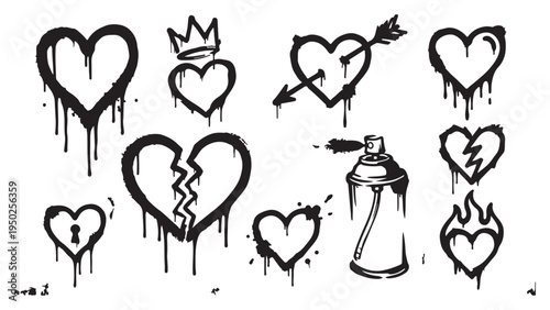 Graffiti Heart Icons Set with Spray Can and Dripping Paint Effects