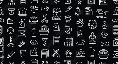 Grid of pet care and veterinary icons in white outline on a black background showing grooming tools, medical items, and animal silhouettes.