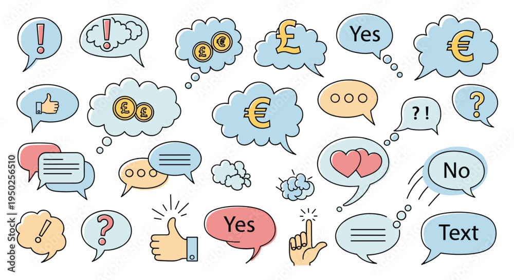 Obraz premium Diverse collection of colorful speech bubbles containing symbols like currency, hearts, checkmarks, and thumbs up for modern communication apps.