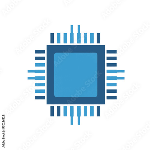A stylized blue square microchip with numerous pins extending outwards, representing advanced technology and computing.