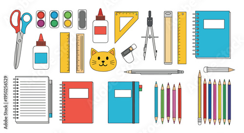 Assorted school and office stationery including colorful notebooks, scissors, glue bottles, pencils, rulers, and geometric tools for student themes.