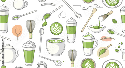 Seamless pattern with matcha green tea elements including latte cups, traditional bamboo whisks, ceramic bowls, and wooden spoons on white.