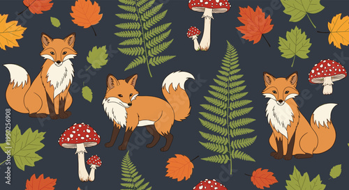 Beautiful seamless pattern featuring red foxes, amanita mushrooms, and green ferns among colorful autumn leaves on a dark navy background.
