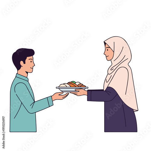 Man and woman exchanging plate of food with smiles