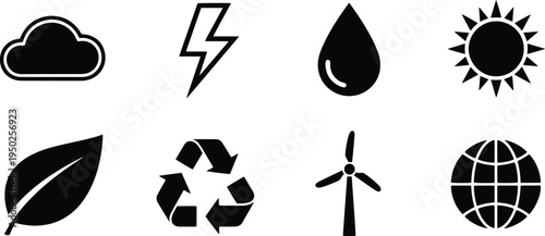 A set of vector line art silhouettes depicting eco friendly symbols and icons in black.