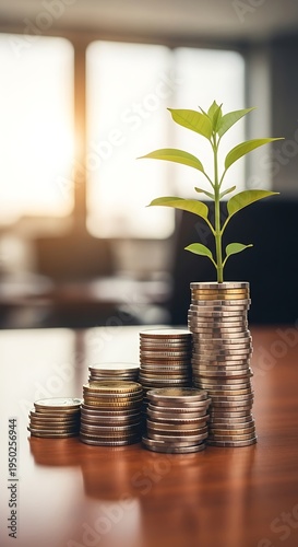 Young green sprout grows from the tallest stack of metallic currency coins arranged in ascending height on a polished wooden surface