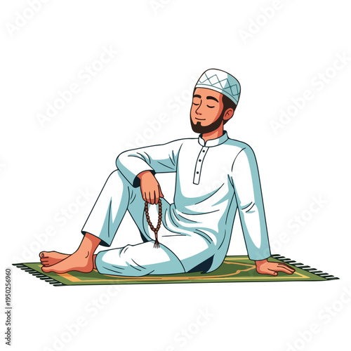 Man sitting on prayer mat in traditional muslim clothing relaxed