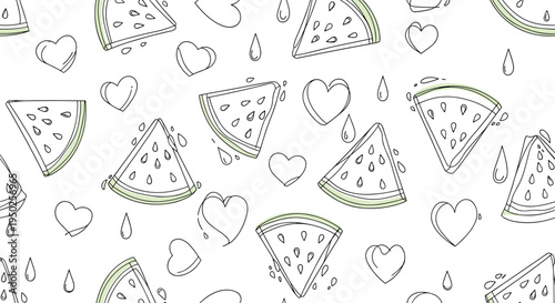 Playful seamless pattern featuring outlined watermelon slices, floating hearts, and fresh water drops on a white background for summer.