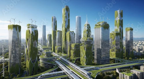 A wide aerial view of a futuristic metropolis where skyscrapers are covered in lush greenery and vertical gardens.