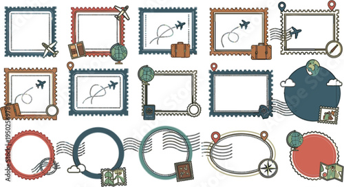 Travel Postage Stamp Frames Vector Set with Airplane Map Compass Luggage Passport and Vintage Postal Marks Airmail Border Collection