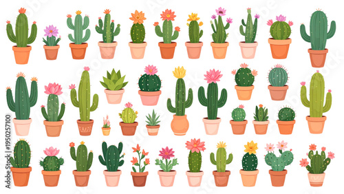 Set of green vector cactus illustrations in various shapes, some with flowers and pots, symbolizing desert, houseplant, and southwestern flora.