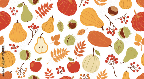 Rich seamless pattern depicting a bountiful autumn harvest with pumpkins, pears, apples, chestnuts, and fall leaves on a white background.