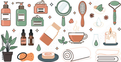 Beauty and Skincare Routine Vector Set with Cosmetics Soap Cream Mirror Brush Candle Towel and Spa Wellness Elements Illustration