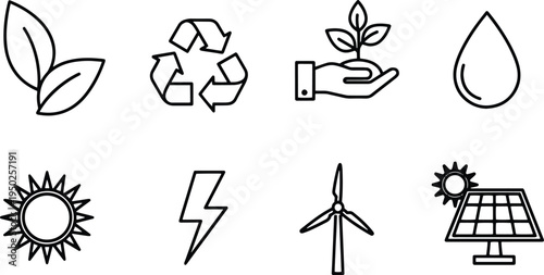 A set of vector line art silhouettes illustrating eco-friendly concepts and sustainable living icons in a bundle