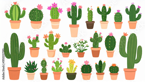 Set of green vector cactus illustrations in various shapes, some with flowers and pots, symbolizing desert, houseplant, and southwestern flora.