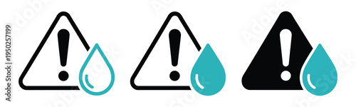 Water, warning vector icon with hazard and alert symbols, symbolizing unsafe water, flood risk, or contamination, clean modern flat vector