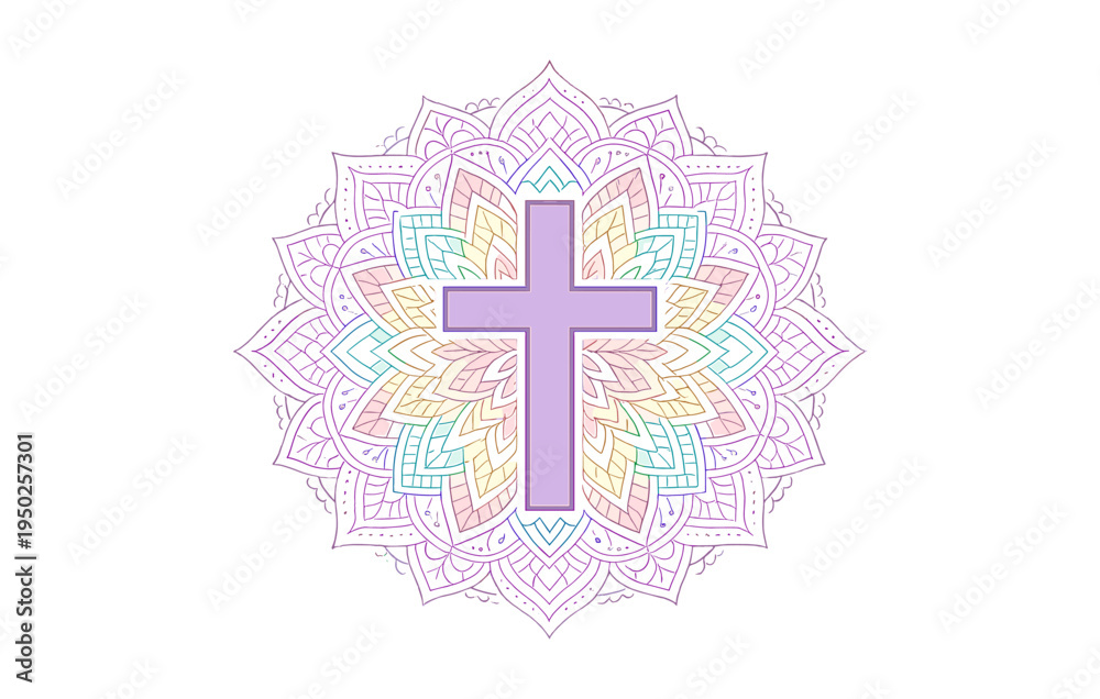 Obraz premium Intricate cross in pastel mandala design on white background