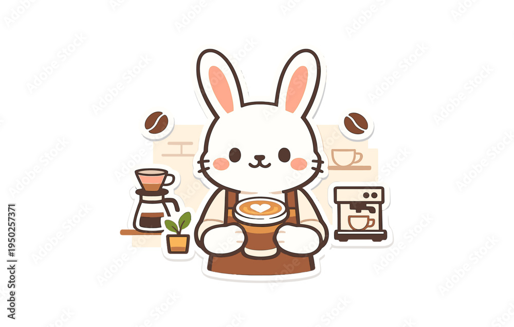 Obraz premium Cute cartoon rabbit barista holding coffee cup with latte art