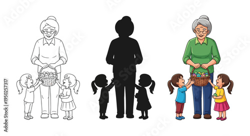 Grandmother sharing colorful easter eggs from a woven basket with two happy young children