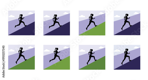 A woman running depicted in eight sequential stylized frames