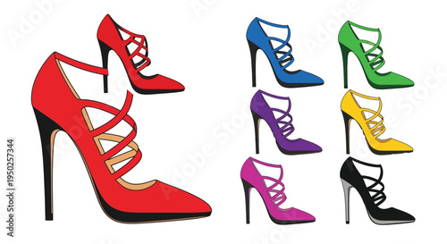 Colorful collection of high heeled sandals with intricate strap detailing