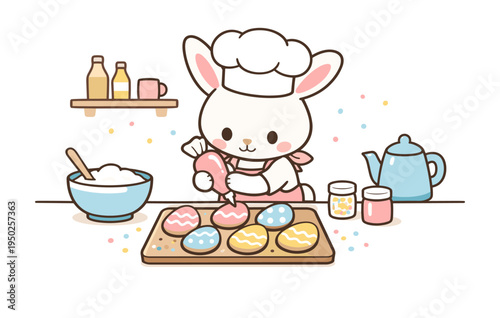 Cute bunny chef decorating easter cookies in a whimsical kitchen
