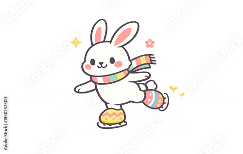 Cute cartoon bunny ice skating with colorful scarf and boots