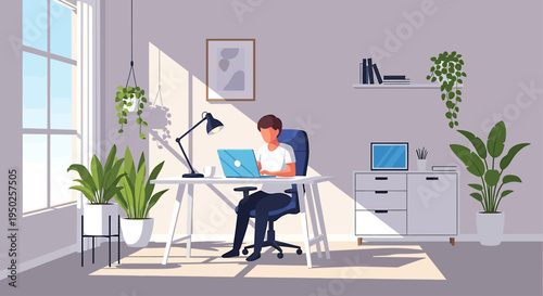 Young professional focused on work in a bright, modern home office bathed in sunlight, illustrating remote productivity and contemporary lifestyle in a cozy setting