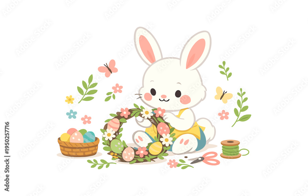 Fototapeta premium Cute bunny crafting easter wreath with eggs and flowers in spring scene