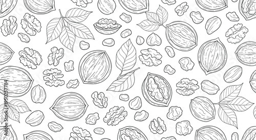 Elegant seamless pattern of black and white line art nuts including walnuts, pecans, hazelnuts, and leaves on a clean white background.