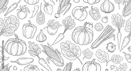 Detailed seamless pattern of black and white line art vegetables including pumpkins, corn, peppers, and leafy greens on a white background.