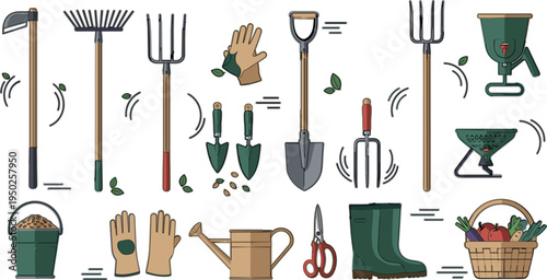 Gardening Tools and Equipment Vector Set with Shovel Rake Pitchfork Gloves Boots Watering Can Scissors and Garden Supplies Illustration