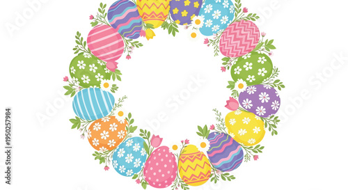 Festive spring vector illustration showcasing a beautiful Easter egg wreath with vibrant floral accents