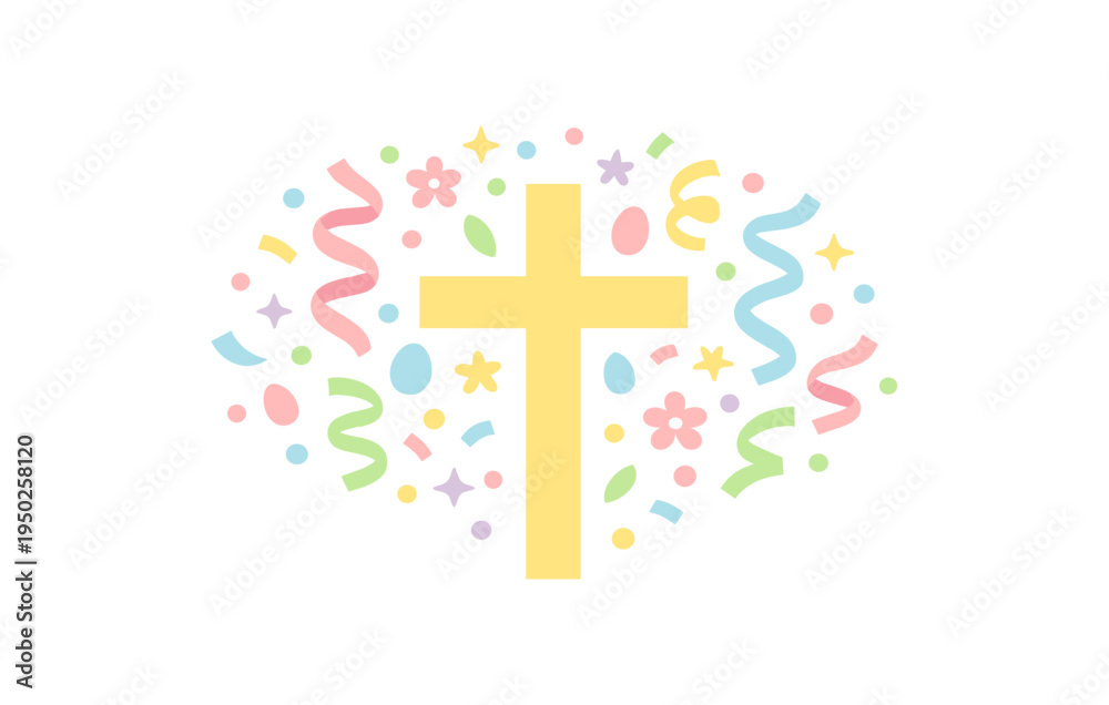 Obraz premium Colorful easter cross with pastel confetti and symbols celebration graphic