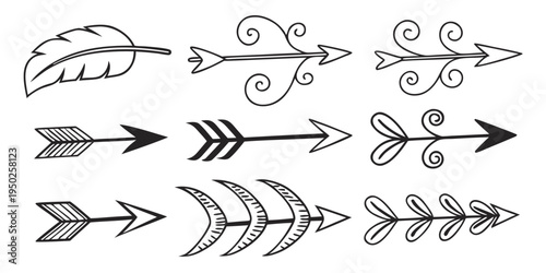 Collection of 9 unique arrow designs with various decorative elements