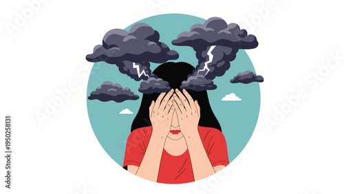 Woman feeling overwhelmed with stress and anxiety represented by dark storm clouds and lightning above her head.