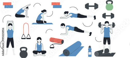 Home Workout Exercise Vector Set with Fitness Training Poses Dumbbells Kettlebell Resistance Bands Yoga Mat and Healthy Lifestyle Illustration